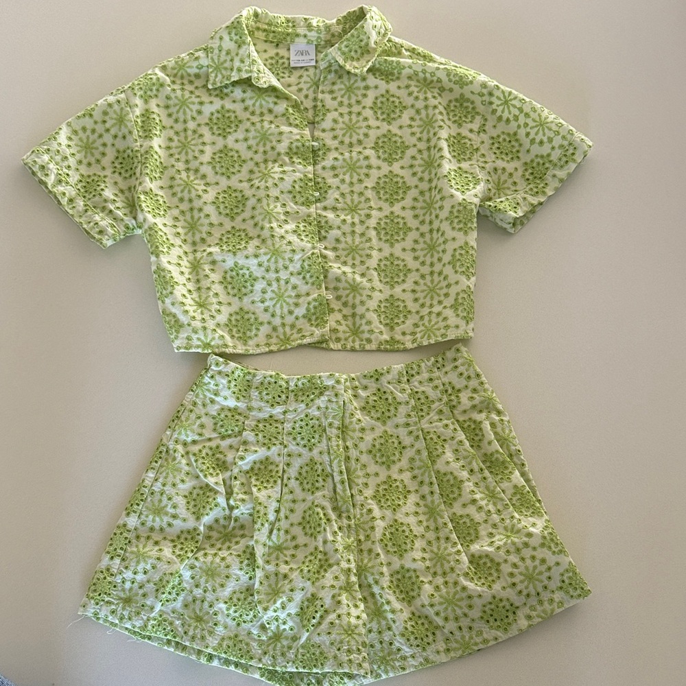 Zara Light Green Floral Two-Piece Crop Top & Skirt Set